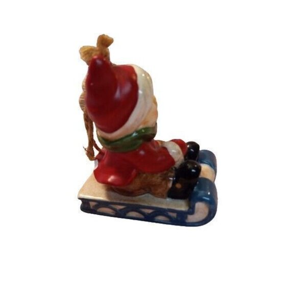 Porcelain Boy On Sled Christmas Ornament Figurine Hanging Loop Vintage - Picture 2 of 6